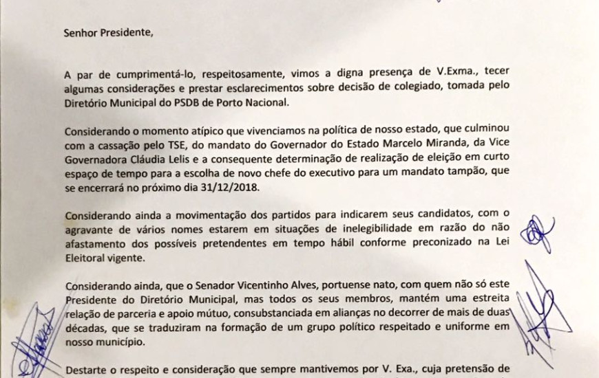 Carta do Diretório de Porto Nacional à Senador Ataídes negando apoio