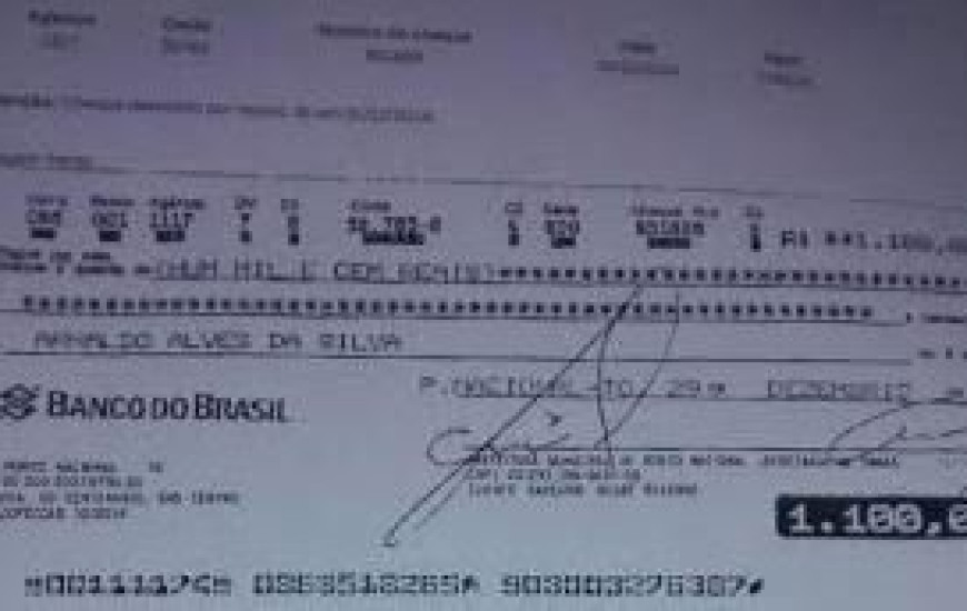 Cheque falsificado no valor de R$1.100,00