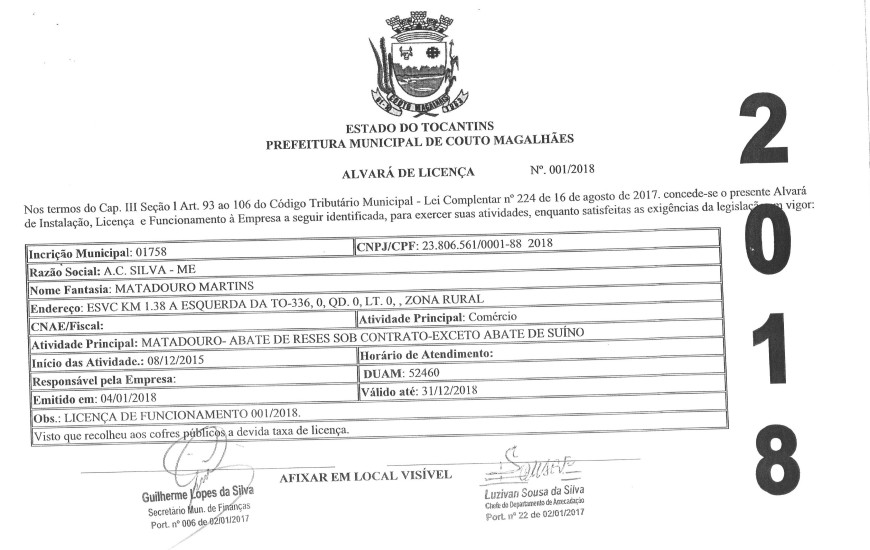 Alvará municipal do matadouro denunciado