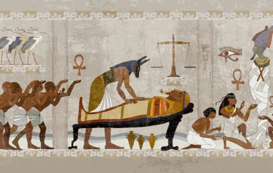 Figura ilustra como era o processo de mumificação na cultura egípcia