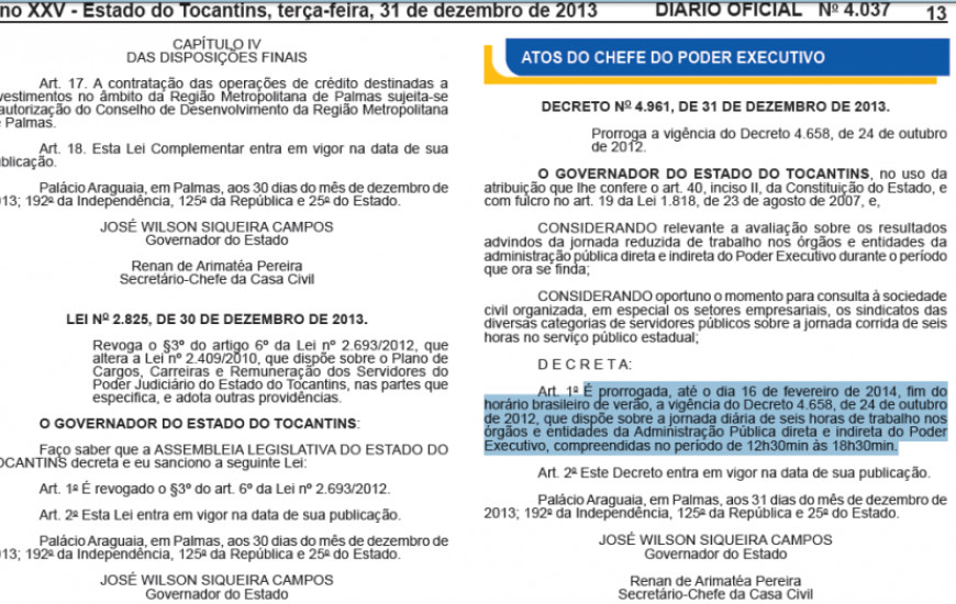 Diário Oficial que traz prorrogação da jornada