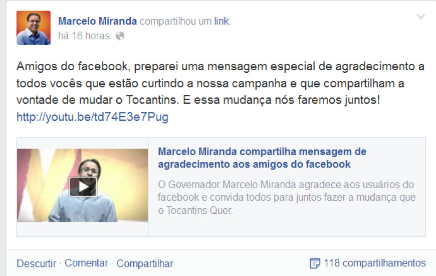 Vídeo do candidato a governador, Marcelo Miranda