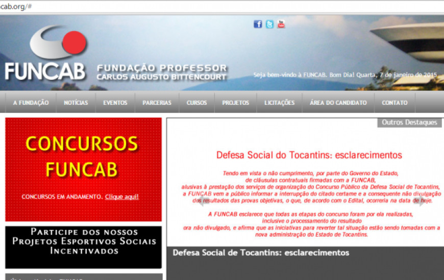 Comunicado no site da Funcab