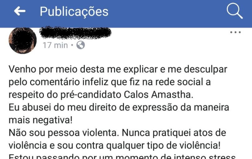 Autor de post se retrata sobre comentário de ódio contra Amastha