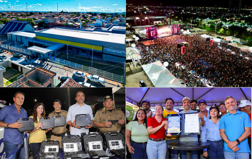 À esq, entrega de colégio militar e armamentos; à dir, Agrofest e Alça Viária