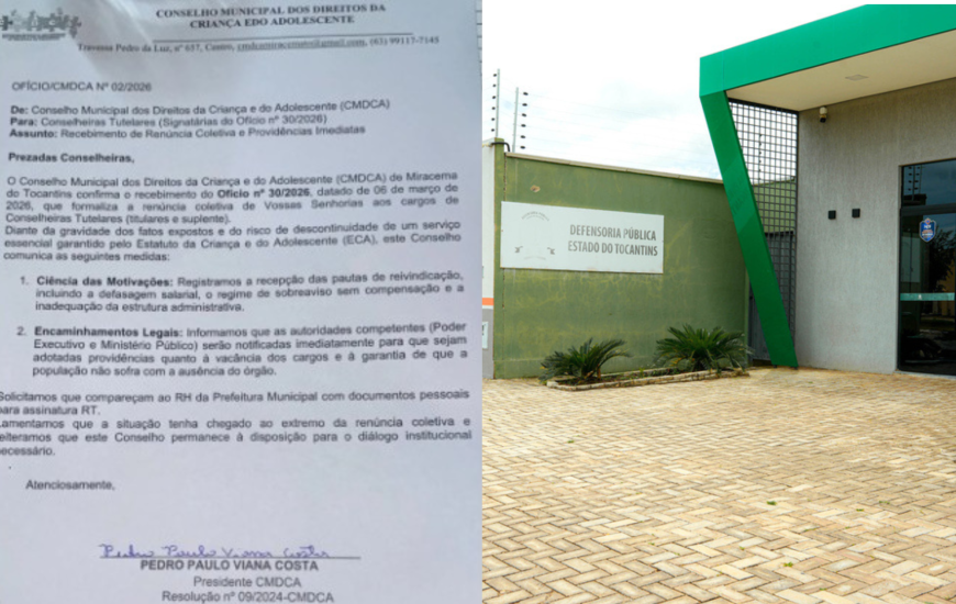 À esq, ofício da renúncia; a dir., sede da DPE em Miracema