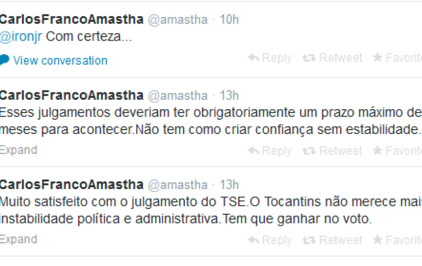 Postagens de Amastha no Twitter