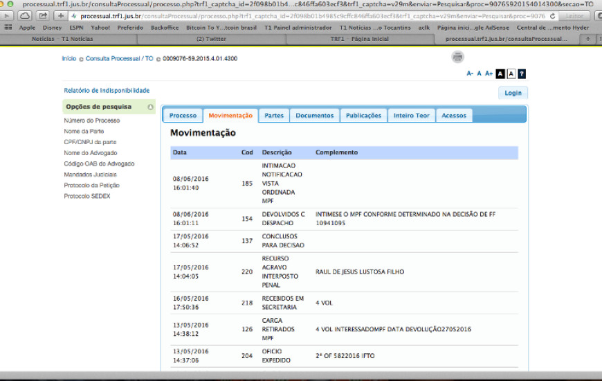 Print mostra movimentação do processo