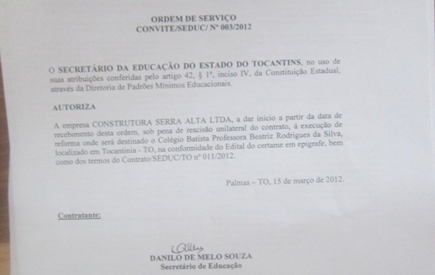 Ordem de serviço assinada em 15 de março